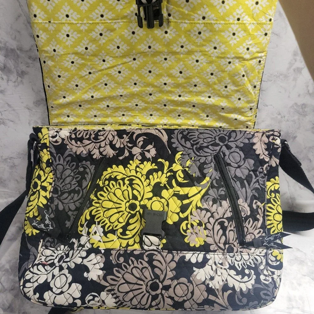 Vera Bradley Messenger Bag Provencal Quilted Cotton Floral Black Yellow Citron